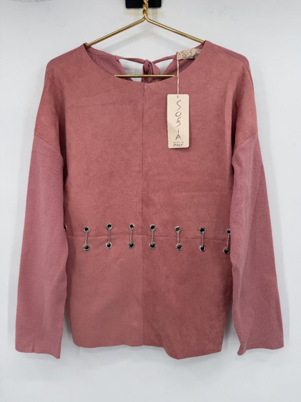 Sofia Made in Italy Faux Suede Top Pink Grommet Chain Detail Women's L NWT